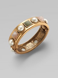 A blend of resin-based pearls, rose quartz and sodalite pyramids set in 24k goldplated brass and pewter for a stunningly beautiful piece. 24k goldplated brass and pewterResin, rose quartz and sodaliteHinged magnetic closureDiameter, about 2¼Made in USA A blend of resin-based pearls, rose quartz and sodalite pyramids set in 24k goldplated brass and pewter for a stunningly beautiful piece. 24k goldplated brass and pewterResin, rose quartz and sodaliteHinged magnetic closureDiameter, about 2¼Made in USA