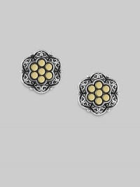 An elegant flower-shaped design combining a frame of sterling silver and a center of 18k gold dots.Sterling silver and 18k yellow gold Diameter, about ¾ T back Made in USA An elegant flower-shaped design combining a frame of sterling silver and a center of 18k gold dots.Sterling silver and 18k yellow gold Diameter, about ¾ T back Made in USA