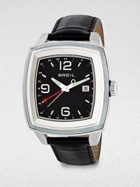 From the Orchestra collection, this watch features a trio of chronograph sub-dials, with an additional hour hand to keep time in two time zones and a clear-glass insert for an eye-catching look.Chronograph movementWater-resistant to 5ATMRectangular stainless steel case: 42mm diameter(1.63)Silver-accented, black dialDate display at 3 o'clockSecond handCroc-embossed leather strapImported From the Orchestra collection, this watch features a trio of chronograph sub-dials, with an additional hour hand to keep time in two time zones and a clear-glass insert for an eye-catching look.Chronograph movementWater-resistant to 5ATMRectangular stainless steel case: 42mm diameter(1.63)Silver-accented, black dialDate display at 3 o'clockSecond handCroc-embossed leather strapImported