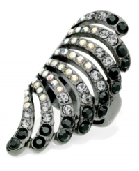 Add breezy style with this GUESS fan-shaped ring. Embellished with black diamond crystals, jet stones and clear crystal accents. Crafted in hematite tone mixed metal. Size 7. Add breezy style with this GUESS fan-shaped ring. Embellished with black diamond crystals, jet stones and clear crystal accents. Crafted in hematite tone mixed metal. Size 7.