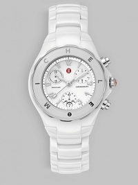 Sleek and chic, with a ceramic case and matching signature enamel dial. Swiss quartz movement K-1 mineral crystal Round enamel chronograph dial Round case, 35mm, 1.38 Number markers Date display Ceramic band Strap is not interchangeable Imported Sleek and chic, with a ceramic case and matching signature enamel dial. Swiss quartz movement K-1 mineral crystal Round enamel chronograph dial Round case, 35mm, 1.38 Number markers Date display Ceramic band Strap is not interchangeable Imported