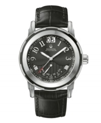 A unique take on essential functions defines this Exeter collection watch by Bulova Accutron. Black croc-embossed leather strap and round stainless steel case with sapphire crystal. Black dial features silver tone numerals at markers, minute track, date window at twelve o'clock, day window at six o'clock, luminous hands and logo. Swiss quartz movement. Water resistant to 50 meters. Five-year limited warranty. A unique take on essential functions defines this Exeter collection watch by Bulova Accutron. Black croc-embossed leather strap and round stainless steel case with sapphire crystal. Black dial features silver tone numerals at markers, minute track, date window at twelve o'clock, day window at six o'clock, luminous hands and logo. Swiss quartz movement. Water resistant to 50 meters. Five-year limited warranty.