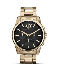 Armani Exchange crafts a classically styled statement with this plated metal watch. Crafted of stainless steel, it flaunts bold style with an eye-catching three eye chronograph. Armani Exchange crafts a classically styled statement with this plated metal watch. Crafted of stainless steel, it flaunts bold style with an eye-catching three eye chronograph.