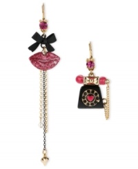 Betsey Johnson gives you something to talk about with this set of drop earrings. Crafted from gold-tone mixed metal and featuring a set of lips and telephone with glittering accents, this pair is a real conversation starter. Approximate drop: 2 to 4-1/4 inches. Betsey Johnson gives you something to talk about with this set of drop earrings. Crafted from gold-tone mixed metal and featuring a set of lips and telephone with glittering accents, this pair is a real conversation starter. Approximate drop: 2 to 4-1/4 inches.