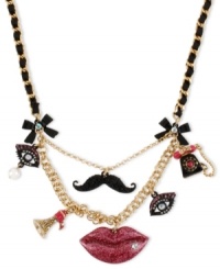 Face value. Betsey Johnson features features in this gold-tone mixed-metal frontal necklace. Glittery glass accents will make everyone want to see your face. Approximate length: 16 inches + 3-inch extender. Approximate drop: 2-1/4 inches. Face value. Betsey Johnson features features in this gold-tone mixed-metal frontal necklace. Glittery glass accents will make everyone want to see your face. Approximate length: 16 inches + 3-inch extender. Approximate drop: 2-1/4 inches.