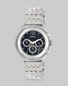 A sophisticated timepiece with a sleek stainless steel bracelet and a brilliant black dial.Quartz movementWater resistant to 10 ATMRound stainless steel case, 45mm (1.8)Smooth stainless steel bezelBlack dialThree chronograph sub-dialsBar markersSecond handStainless steel link bracelet with butterfly buckleImported