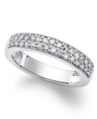 Sweet, stackable sparkle. Round-cut white diamonds (1/2 ct. t.w.) adorn the surface of this chic ring. Set in sterling silver. Size 7. Sweet, stackable sparkle. Round-cut white diamonds (1/2 ct. t.w.) adorn the surface of this chic ring. Set in sterling silver. Size 7.
