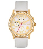 Never miss an opportunity to shine. Betsey Johnson doesn't on this watch crafted of a white leather strap and round gold tone stainless steel case. Bezel embellished with crystal accents. White mother-of-pearl chronograph dial features gold tone dot markers, Roman numerals, three subdials, heart at four o'clock, gold tone hour and minute hands, signature fuchsia second hand and logo. Quartz movement. Water resistant to 30 meters. Two-year limited warranty.