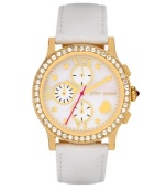 Never miss an opportunity to shine. Betsey Johnson doesn't on this watch crafted of a white leather strap and round gold tone stainless steel case. Bezel embellished with crystal accents. White mother-of-pearl chronograph dial features gold tone dot markers, Roman numerals, three subdials, heart at four o'clock, gold tone hour and minute hands, signature fuchsia second hand and logo. Quartz movement. Water resistant to 30 meters. Two-year limited warranty.