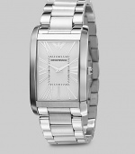 A sleek design with a mastery of the everyday in stainless steel with a curved bracelet. Rectangle bezel Quartz movement Water resistant to 5 ATM Second hand Stainless steel case: 31mm (1.22) Stainless steel bracelet: 23mm (0.90) Deployment clasp Imported 