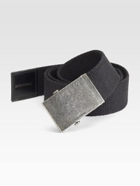 An essential piece of any man's style in canvas with a logo-engraved, distressed metal buckle. Logo detail on buckle and end About 1½ wide Canvas/leather Made in Italy 