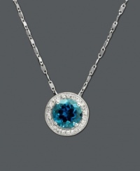 Like staring into a clear blue pool, this vibrant pendant will add a touch of color to your neckline. Necklace features a round-cut London blue topaz (1-5/8 ct. t.w.) and round-cut diamond (1/10 ct. t.w.). Set in 14k white gold. Approximate length: 18 inches. Approximate drop: 3/8 inch. Like staring into a clear blue pool, this vibrant pendant will add a touch of color to your neckline. Necklace features a round-cut London blue topaz (1-5/8 ct. t.w.) and round-cut diamond (1/10 ct. t.w.). Set in 14k white gold. Approximate length: 18 inches. Approximate drop: 3/8 inch.