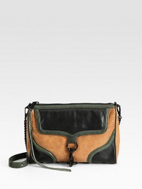 Luxurious leather in a rich colorblock design; perfect for all your essentials.Detachable chain and leather shoulder strap, 22 dropTop zip closureOne outside pocket under flapOne outside open pocketOne inside zip pocketTwo inside open pocketsCotton lining11W X 8H X 2DImported Luxurious leather in a rich colorblock design; perfect for all your essentials.Detachable chain and leather shoulder strap, 22 dropTop zip closureOne outside pocket under flapOne outside open pocketOne inside zip pocketTwo inside open pocketsCotton lining11W X 8H X 2DImported