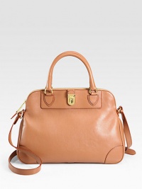An impeccably-structured top-handle bag of butter-smooth lambskin, roomy enough to take you from week to weekend.Double top handles, 5 dropAdjustable shoulder strap, 17¾-22½ dropTop zip closureOne outside open pocketProtective metal feetTwo inside open pocketsCanvas lining13½W X 10½H X 5¾DMade in Italy An impeccably-structured top-handle bag of butter-smooth lambskin, roomy enough to take you from week to weekend.Double top handles, 5 dropAdjustable shoulder strap, 17¾-22½ dropTop zip closureOne outside open pocketProtective metal feetTwo inside open pocketsCanvas lining13½W X 10½H X 5¾DMade in Italy