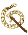 Once you go designer, you'll never go back. Michael Kors puts the cool back into your collection with this luxurious layered style. Gold tone mixed metal links combine with an adjustable chocolate leather belt buckle closure for a look that's oh-so chic. Approximate length: 14-1/2 to 16-1/2 inches.