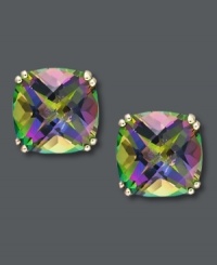 Irresistibly iridescent. These stunning stud earrings feature cushion-cut mystic topaz (9-1/2 ct. t.w.) set in 14k gold. Approximate diameter: 2/5 inch.