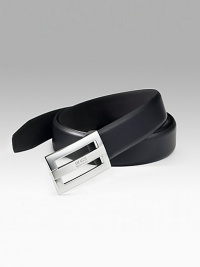 Smooth Italian leather with rectangular logo buckle. 1 wide Imported Smooth Italian leather with rectangular logo buckle. 1 wide Imported