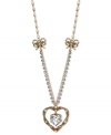 A lovely addition to your jewelry box. This long necklace from Betsey Johnson flaunts a dangling rope heart pendant with a crystal accent at the center. With a silver tone crystal cup chain accent and gold tone rope bows. Crafted in antiqued gold tone mixed metal. Approximate length: 32 inches + 3-inch extender. Approximate drop: 1-1/2 inches.