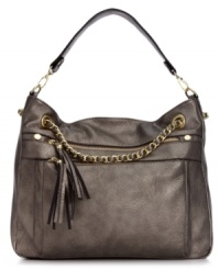 Add some metallic mojo to your purse portfolio with this slouchy-chic design from Steve Madden. Outfitted with chain-link detailing and tassel accents, it boasts a pocket-lined interior for your everyday must-haves. Add some metallic mojo to your purse portfolio with this slouchy-chic design from Steve Madden. Outfitted with chain-link detailing and tassel accents, it boasts a pocket-lined interior for your everyday must-haves.
