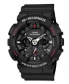 Bold and enigmatic in design, a masculine sport watch from G-Shock. Crafted of black resin strap and round case. Black analog digital shock-resistant dial features logo, world time, multifunction alarm, countdown timer, stopwatch, 12/24 hour formats, mute, auto LED light, hour and minute hands and stick indices. Quartz movement. Water resistant to 200 meters. One-year limited warranty.