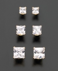 This set of cubic zirconia earrings will complement your versatile style. Princess-cut cubic zirconia are set in 14k gold. Includes 1/2 ct. t.w., 1-1/4 ct. t.w. and 2-1/4 ct. t.w. This set of cubic zirconia earrings will complement your versatile style. Princess-cut cubic zirconia are set in 14k gold. Includes 1/2 ct. t.w., 1-1/4 ct. t.w. and 2-1/4 ct. t.w.
