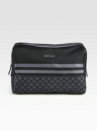 Leather trimmed diamante case with signature web.Zip top closure10W x 6H x 4DMade in Italy