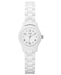 This fresh watch from GUESS helps you look crisp with bright whites and crystal shimmer. This fresh watch from GUESS helps you look crisp with bright whites and crystal shimmer.
