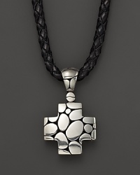 A pebbled sterling silver cross brings bold contrast to braided leather. From the John Hardy Kali Collection. A pebbled sterling silver cross brings bold contrast to braided leather. From the John Hardy Kali Collection.