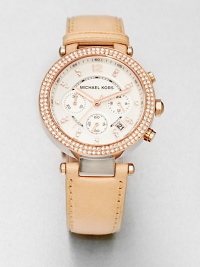 A technical, rose goldtone stainless steel timepiece accented with two rows of brilliant crystals on the bezel. Quartz movementWater resistant to 10 ATMRound rose goldtone stainless steel case, 39mm (1.5) Crystal accented bezelLight silver chronograph dialCrystal hour markersDate display between 4 and 5 o'clockSecond hand Tan leather strapImported A technical, rose goldtone stainless steel timepiece accented with two rows of brilliant crystals on the bezel. Quartz movementWater resistant to 10 ATMRound rose goldtone stainless steel case, 39mm (1.5) Crystal accented bezelLight silver chronograph dialCrystal hour markersDate display between 4 and 5 o'clockSecond hand Tan leather strapImported