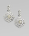 From the Windsor Collection. Antique-inspired shields of white pavé sapphires, sterling silver and 18k yellow gold drop from the ears with vintage elegance. White sapphires Sterling silver and 18k yellow gold Drop, about 1¼ Length, about 1 Width, about ¾ Post and hinge back Imported 