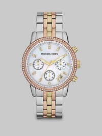 From the Ritz Collection. A timepiece as technical as it is beautiful with three stunning tones and glittering crystals. Quartz movementWater resistant to 5 ATMRound stainless steel case, 36mm (1.4) Crystal encrusted bezelMother-of-pearl dialCrystal hour markersDate display between 4 and 5 o'clockSecond hand Tri-tone stainless steel link braceletImported From the Ritz Collection. A timepiece as technical as it is beautiful with three stunning tones and glittering crystals. Quartz movementWater resistant to 5 ATMRound stainless steel case, 36mm (1.4) Crystal encrusted bezelMother-of-pearl dialCrystal hour markersDate display between 4 and 5 o'clockSecond hand Tri-tone stainless steel link braceletImported