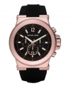 Bright rose-gold tone metal makes an impact against this black-on-black Dylan watch by Michael Kors.