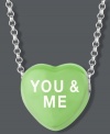 Sugary sweet style you can wear! Sweethearts' YOU AND ME pendant features a green enamel surface and polished, sterling silver setting and chain. Copyright © 2011 New England Confectionery Company. Approximate length: 16 inches + 2-inch extender. Approximate drop: 1/2 inch.