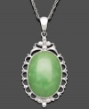 Vintage appeal. A antique-inspired setting frames a beautiful oval-cut jade stone (13 mm x 18 mm) in this stunning pendant. Crafted in sterling silver. Approximate length: 18 inches. Approximate drop: 1-1/2 inches.