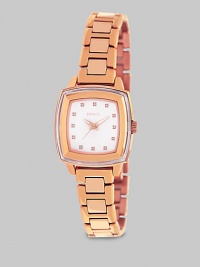 From the Orchestra Collection. Sparkle in this elegant, Swarovski crystal accented timepiece. Quartz movementWater resistant to 5 ATMRectangular rose goldtone ion-plated stainless steel case, 29mm (1.2) X 29mm (1.2) Smooth bezelWhite dialFour Swarovski crystal markersSecond handRose goldtone ion-plated stainless steel link braceletImported