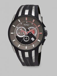 Sporty and elegant, a quartz chronograph in stainless steel with black ionic plating details. Quartz movement Case is water resistant to 10 ATM IP (ionic plating) black detail Round case, 1½ diameter Anti-reflective sapphire crystal Date display at 4:00 Hour markers Leather strap Made in Switzerland Sporty and elegant, a quartz chronograph in stainless steel with black ionic plating details. Quartz movement Case is water resistant to 10 ATM IP (ionic plating) black detail Round case, 1½ diameter Anti-reflective sapphire crystal Date display at 4:00 Hour markers Leather strap Made in Switzerland