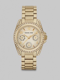 From the Blair Collection. A shining example of a timeless design. Quartz movementWater resistant to 10 ATMRound crystal accented goldtone stainless steel case, 33mm (1.3) Crystal accented bezelGoldtone dialNumeric and bar hour markersSecond hand Goldtone stainless steel link braceletImported From the Blair Collection. A shining example of a timeless design. Quartz movementWater resistant to 10 ATMRound crystal accented goldtone stainless steel case, 33mm (1.3) Crystal accented bezelGoldtone dialNumeric and bar hour markersSecond hand Goldtone stainless steel link braceletImported