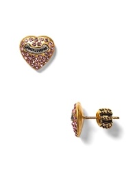 These adorable heart stud earrings will add charm to any look with pave studded pink Cubic Zirconia. These adorable heart stud earrings will add charm to any look with pave studded pink Cubic Zirconia.