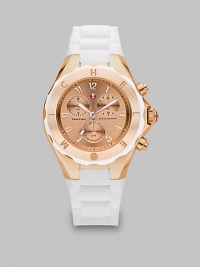 From the Tahitian Jelly Bean Collection. This technical timepiece features a warm rose goldtone stainless steel case with a sporty silicone strap. Swiss quartz movementWater resistant to 5 ATMRound rose goldtone stainless steel case, 40mm (1.5) Sunray logo bezelRose goldtone stainless steel chronograph dialNumeric hour markersDate sub-dialSecond hand White silicone strapImported From the Tahitian Jelly Bean Collection. This technical timepiece features a warm rose goldtone stainless steel case with a sporty silicone strap. Swiss quartz movementWater resistant to 5 ATMRound rose goldtone stainless steel case, 40mm (1.5) Sunray logo bezelRose goldtone stainless steel chronograph dialNumeric hour markersDate sub-dialSecond hand White silicone strapImported