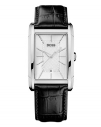 Adopt a striking persona with this Hugo Boss watch. Crafted of black croc-embossed leather strap and rectangular stainless steel case. Silver tone dial with grid-patterned inner dial, applied stick indices, three hands, logo at twelve o'clock and date window at six o'clock. Quartz movement. Water resistant to 30 meters. Two-year limited warranty. Adopt a striking persona with this Hugo Boss watch. Crafted of black croc-embossed leather strap and rectangular stainless steel case. Silver tone dial with grid-patterned inner dial, applied stick indices, three hands, logo at twelve o'clock and date window at six o'clock. Quartz movement. Water resistant to 30 meters. Two-year limited warranty.