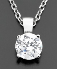 The brilliance of solitaire round-cut cubic zirconia (1 ct. t.w.) is enhanced by the prong setting of sterling silver finished in platinum. The brilliance of solitaire round-cut cubic zirconia (1 ct. t.w.) is enhanced by the prong setting of sterling silver finished in platinum.