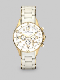 Make a statement in this technical timepiece with a rose goldtone ion-plated case, enamel accents and silicone wrapped link bracelet. Quartz movementWater resistant to 5 ATMRound rose goldtone ion-plated stainless steel case, 40mm (1.6)White decorative bezelWhite chronograph dialNumeric hour markersDate display between 4 and 5 o'clockSecond hand Rose goldtone ion-plated and white silicone wrapped stainless steel link braceletImported Make a statement in this technical timepiece with a rose goldtone ion-plated case, enamel accents and silicone wrapped link bracelet. Quartz movementWater resistant to 5 ATMRound rose goldtone ion-plated stainless steel case, 40mm (1.6)White decorative bezelWhite chronograph dialNumeric hour markersDate display between 4 and 5 o'clockSecond hand Rose goldtone ion-plated and white silicone wrapped stainless steel link braceletImported