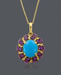 Elegance and vivacity defined. Pendant from CARLO VIANI® features an oval-cut turquoise (3-1/3 mm) surrounded by amethyst (3-1/3 ct. t.w.) in a 14k gold setting. Approximate length: 18 inches. Approximate drop: 1 inch. Elegance and vivacity defined. Pendant from CARLO VIANI® features an oval-cut turquoise (3-1/3 mm) surrounded by amethyst (3-1/3 ct. t.w.) in a 14k gold setting. Approximate length: 18 inches. Approximate drop: 1 inch.