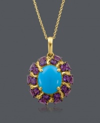 Elegance and vivacity defined. Pendant from CARLO VIANI® features an oval-cut turquoise (3-1/3 mm) surrounded by amethyst (3-1/3 ct. t.w.) in a 14k gold setting. Approximate length: 18 inches. Approximate drop: 1 inch.