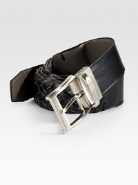 Neatly woven calfskin leather with a polished metal, logo-embossed buckle.LeatherAbout 1½ wideImported Neatly woven calfskin leather with a polished metal, logo-embossed buckle.LeatherAbout 1½ wideImported