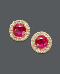 Add spark to your style with these red-hot, Effy Collection stud earrings! Brilliant rubies (7/8 ct. t.w.) create a bold background when encircled with sparkling, round-cut diamonds (1/8 ct. t.w.). Crafted in 14k gold. Approximate diameter: 1/4 inch.