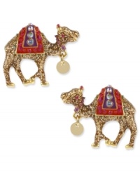 Get over the hump. These Betsey Johnson stud earrings are shaped like camels, embellished with glitter, multi-colored details and crystal accents. Crafted in antiqued gold tone mixed metal. Approximate drop: 3/4 inch. Get over the hump. These Betsey Johnson stud earrings are shaped like camels, embellished with glitter, multi-colored details and crystal accents. Crafted in antiqued gold tone mixed metal. Approximate drop: 3/4 inch.