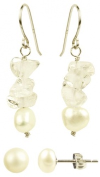 Sterling Silver Crystal and 6-7mm White Freshwater Cultured Pearl Earrings Set, 2 Pairs Sterling Silver Crystal and 6-7mm White Freshwater Cultured Pearl Earrings Set, 2 Pairs