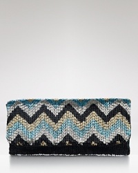 Effervescent metallic beads in a zig-zag pattern shine on this polished MOYNA clutch, while its slim, flap silhouette gives the striking piece a modern ease. Effervescent metallic beads in a zig-zag pattern shine on this polished MOYNA clutch, while its slim, flap silhouette gives the striking piece a modern ease.