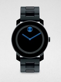 A modern, minimalist design with superior technology and functionality, complemented by a solid dial with electric blue contrast hands and a polymer link bracelet for an understated, handsome finish.Round bezelQuartz movementWater resistant to 3ATMStainless steel case: 42mm(1.65)Polymer strapImported A modern, minimalist design with superior technology and functionality, complemented by a solid dial with electric blue contrast hands and a polymer link bracelet for an understated, handsome finish.Round bezelQuartz movementWater resistant to 3ATMStainless steel case: 42mm(1.65)Polymer strapImported